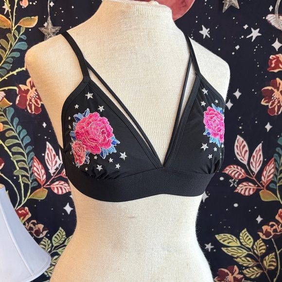 PINK Victoria's Secret Tops - PINK Victoria's Secret Black Bralette with Pink Floral Embroidery